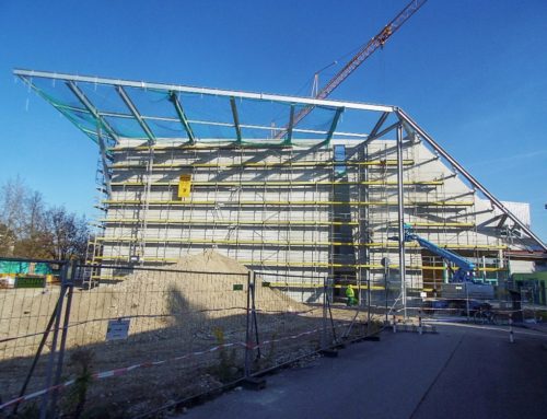 Construction of the roof and substructure, 95 t, sports hall, Augsburg, Germany